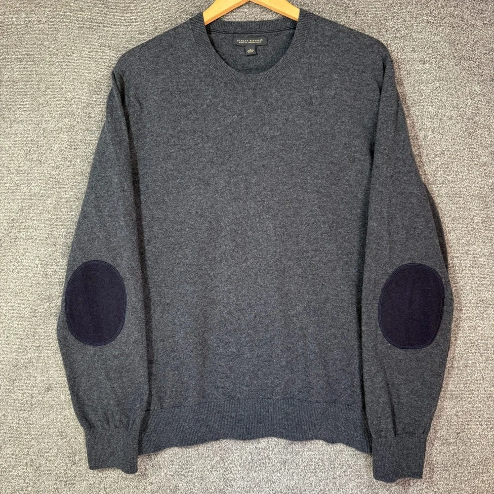 Banana Republic Mens Wool Blend Crewneck Sweater Elbow Patches Gray Large